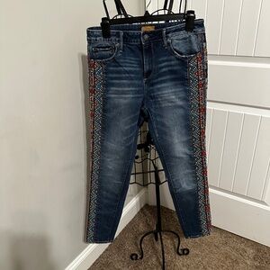 Women's Driftwood JACKIE Red/Orange/Blue side beaded jeans - BOHO - Size 28